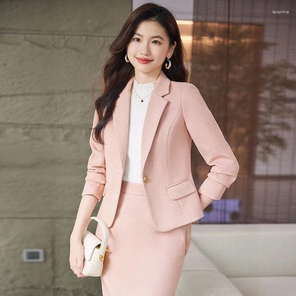 Vestido de duas peças senhoras elegante saia rosa ternos com e blazer casaco outono inverno formal profissional blazers femininos conjunto de roupas