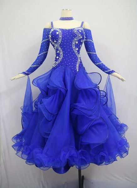 Palco desgaste competição de salão vestidos de dança mulheres royal azul saia padrão adulto feito sob encomenda vestido de dança de valsa