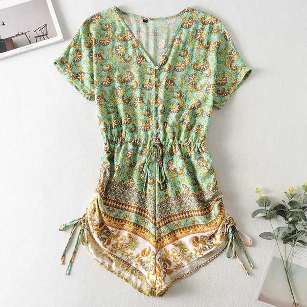 Damen Jumpsuits Strampler BOHO INSPIRIERTER Strampler mit Blumendruck für Damen Verstellbare Krawatte Grün V-Ausschnitt 2023 Süße Sommer Playsuits