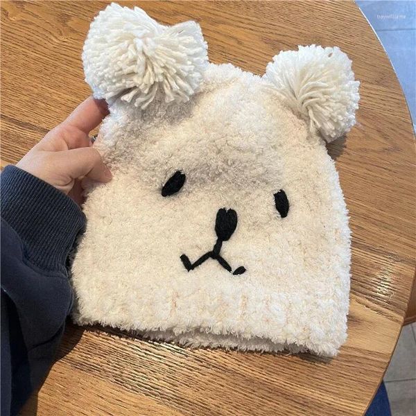 Berretti 2023 Cartoon Bear Ear Lamb Beanie Hat Donna Inverno addensato caldo lana manica Fashion Skull Bonnet