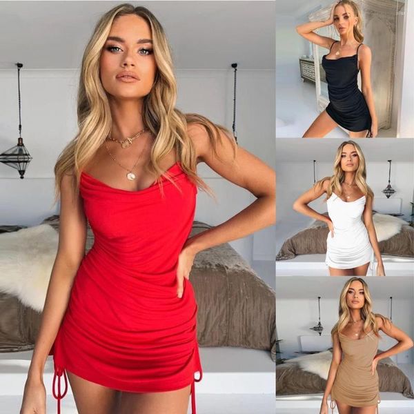 Lässige Kleider Satin ärmellos rückenfrei sexy Mini Sommerkleid Frauen Spaghettiträger Rüschen Verband Party Outfits Club Vestidos