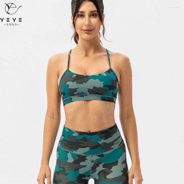 Roupa de ioga camuflando impressão y O treino de back sports bras top women spaghetti tira fina tira de baixo impacto academia de fitness gym