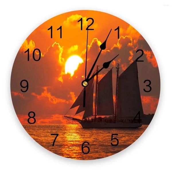 Orologi da parete in legno barca a vela sole cielo nuvole mare silenzioso casa caffè arredamento ufficio per cucina arte grande