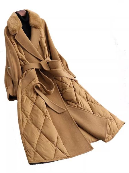 Цвет слоновой кости/черный/верблюжий/темный, двойное шерстяное лоскутное пальто с воротником из норки Аргайл, женские коричневые женские пальто на гусином пуху, 2023, дизайнер D110502
