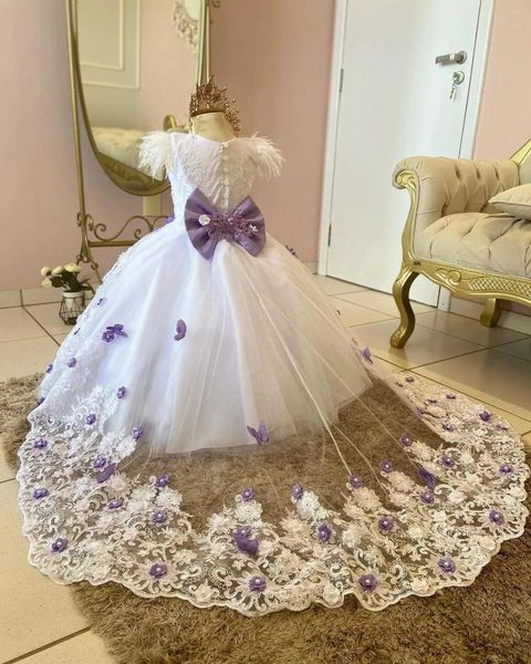 Vestidos da menina princesa 3d applique flor para o casamento pena rendas inchado com arco crianças vestidos de baile tule primeiro comunhão vestido