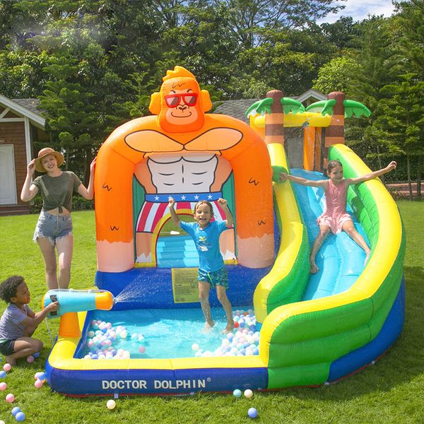 Aufblasbare Wasserrutsche für Kinder das Spielhaus Kleines Outdoor-Spielspaß Hüpfburg mit Splash Pool Gebläse King Kong Thema Hüpfburg Geburtstagsfeier Geschenk Spielzeug