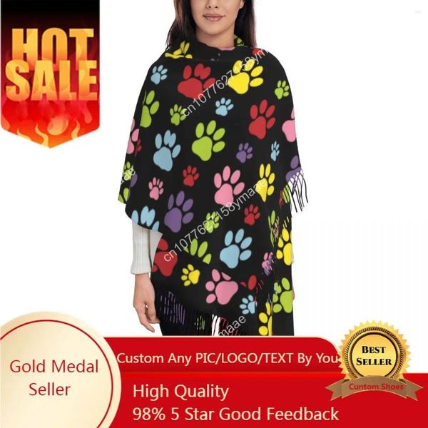 Schals Benutzerdefinierte Mode Bunte Pfoten Muster Quaste Schal Frauen Winter Warm Schal Wrap Damen Hund Drucke Haustier