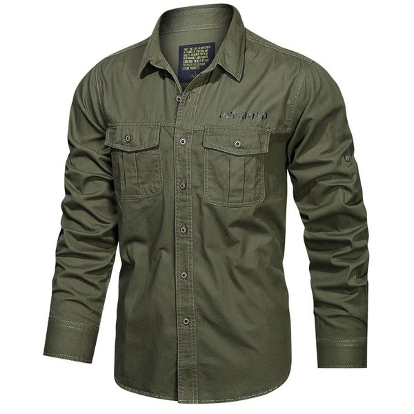 Camisas casuais masculinas verdes de carga longa de mangas compridas camisetas para a marca de outono da primavera masculina Oversize