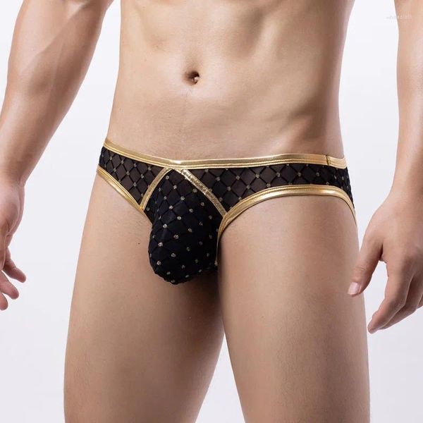 Cuecas masculinas sexy preto ouro boxer shorts malha semi transparente xadrez cintura baixa respirável cor combinando calcinha biquíni