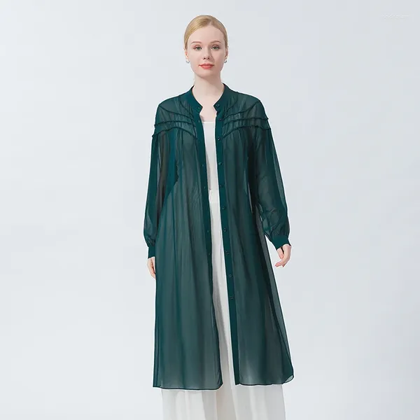 Mulheres Trench Coats Real Mulberry Silk Georgette Collar Buraco Verde Único Breasted Simples Mulheres Finas Streetwear WE115