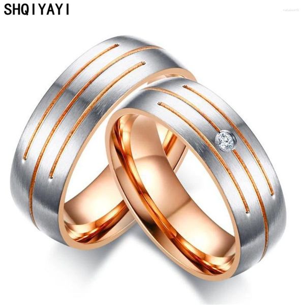 Com pedras laterais shqiyayi rosa ouro cor casal anéis para mulheres masculino elegante aço inoxidável cz pedra casamento banda amante presente moda