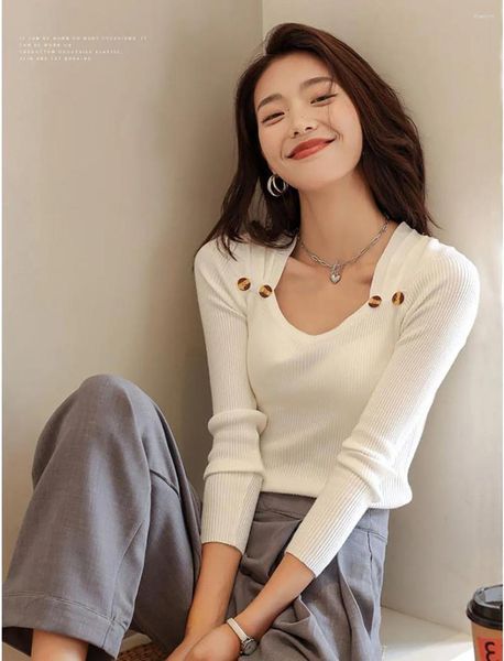 Kadın Sweaters Sonbahar Zarif Kore Japonya Düğme ile Şık Temel Yuvarlak Boyun Örgü Kış Kazan Kazanmalar C5122