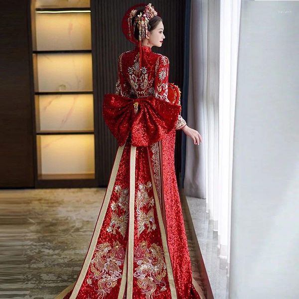 Этническая одежда, элегантное китайское блестящее платье с блестками и бисером, кисточками и вышивкой, свадебное платье с хвостом, Cheongsam, костюм невесты, винтажное платье для тостов