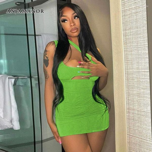 Повседневные платья Anjamanor Neon Green Sexy Sexy Summer Dress Женщины 2023 Ночной клуб наряды на одно плечо вырезанное мини-кузнечное боди D70-AI13