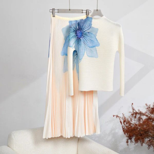 Set di abiti a due pezzi Donna Elegante stampa floreale Pullover elastico Tshirt Top A-Line Gonne lunghe a pieghe Completo Pista Set da 2 pezzi Abiti femminili 2024