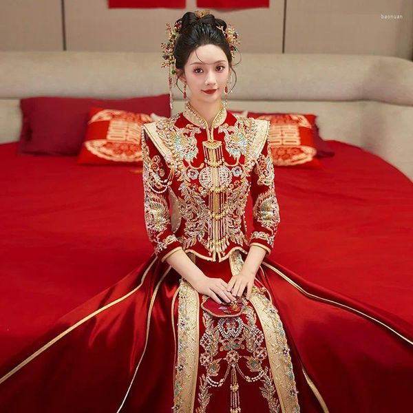 Roupas étnicas Vestido de Noiva Nupcial Estilo Chinês Xiuhe Tang Terno Conjuntos Longo Cheongsam China Mulheres Qipao Vestido