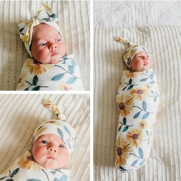 Decken Born Baby Wrap Puckmütze Haarband 3 Stück Anti-Kick für Kleinkinder Baumwolle Blumendruck Wraps Balnket Badetücher