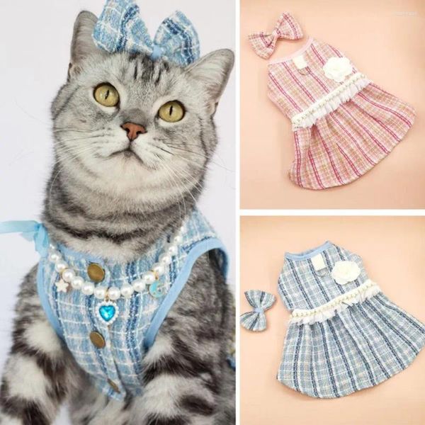 Katzenkostüme, 1 Set, Haustierkleid mit Schleife, Kopfschmuck, florales Kunstperlen-Dekor, niedliche Hunde, Katzen, Prinzessinnenzubehör