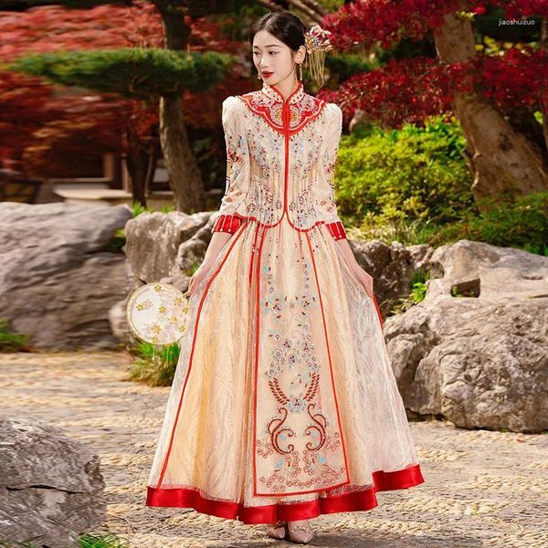 Ethnische Kleidung Elegante Braut Champagner Gold Cheongsam Chinesische Pailletten Perlen Quasten Hochzeitskleid Tang-Anzug