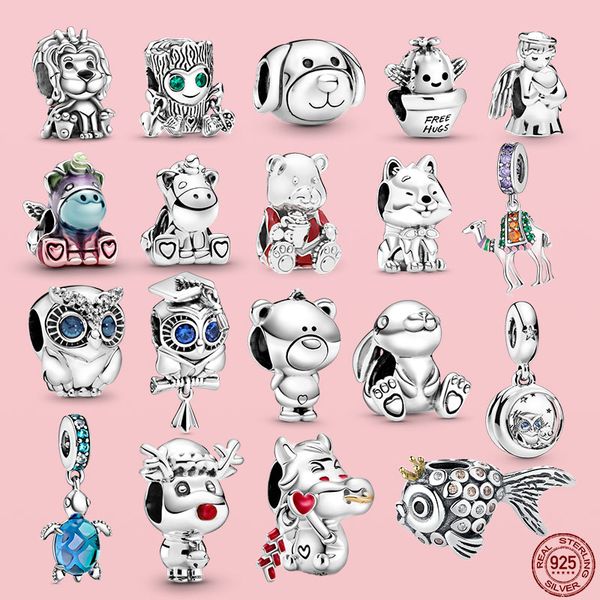 925 Silber Fit Pandora Original Charms DIY Anhänger Frauen Armbänder Perlen Anhänger Funkelnde Tiere Elefant Hund Bär Eule Clip