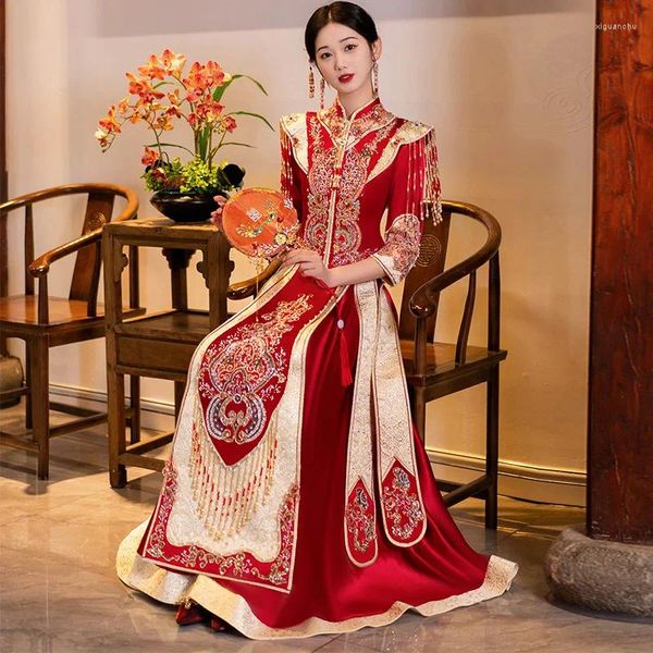 Roupas étnicas Tradicionais Mulheres Vestido de Noiva Brinde Noiva 2023 Tang Terno Moderno Lantejoulas Beading Borlas Cheongsam Vermelho Qipao