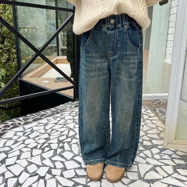Hosen Kinder Kleidung Mädchen Koreanischen Stil Denim Hosen Casual Mode 2023 Winter Fleece Gerade Bein Einfache Jeans