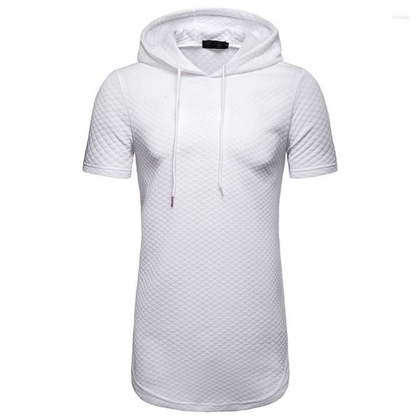 Camisetas masculinas Homens de verão Extended Longline com capuz xadrez com capuz de streetwear drawstring algodão com zíper casual capuz tee homme