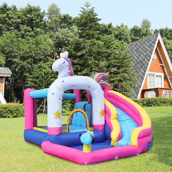 Acquascivolo Castello Salto Acquascivolo Parco per Bambini Cortile Unicorno Gonfiabile Casa di Rimbalzo Casetta da Gioco per Bambini Giochi all'aperto con Ventilatore per Piscina con Palline Bagnate e Asciutte