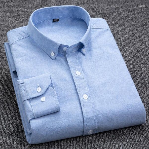 Camisas casuais masculinas Algodão puro Oxford Bordado camisa sólida Camisa sólida Qualidade de manga longa masculino