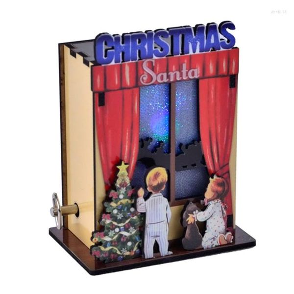 Estatuetas decorativas 3D Puzzle de madeira montado Luminous Christmas House Caixa de música Diy Table Decoração Presente de aniversário