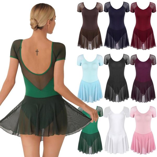 Abbigliamento da palcoscenico Body da balletto per le donne Danza Gonna a maniche corte in maglia trasparente Abito da ballerina Abito da allenamento Tutu Abbigliamento da ballo