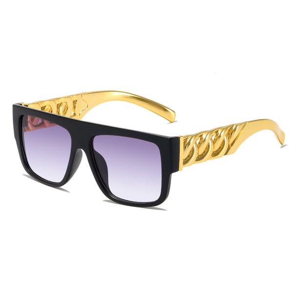 Occhiali da sole spessi oversize quadrati retrò da uomo Catena in metallo dorato Occhiali di lusso hip-hop Catena a maglia cubana in oro nero Occhiali da sole quadrati Occhiali con catena a braccio piatto Aviator