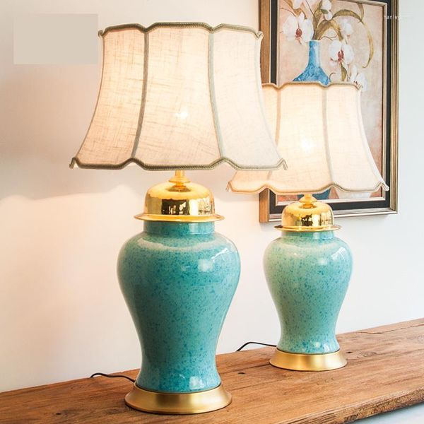Lâmpadas de mesa Cerâmica chinesa moderna All Copper Sky Blue Temple Jar de tamanho grande Lâmpada de cabeceira do quarto