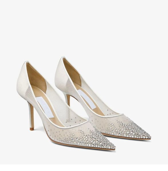 Sandalo da donna di design di lusso con tacco alto Love Décolleté a punta in rete bianca con cristalli degradati scarpe da cerimonia nuziale con scatola