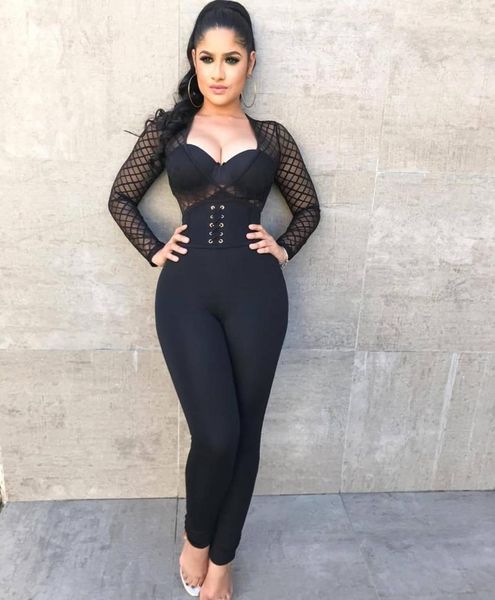 Damen Jumpsuits AHVIT Schwarz Mesh Patchwork Sexy Langarm Tiefer V-Ausschnitt Skinny Party Strampler Rückenreißverschluss Bandage ZW8031