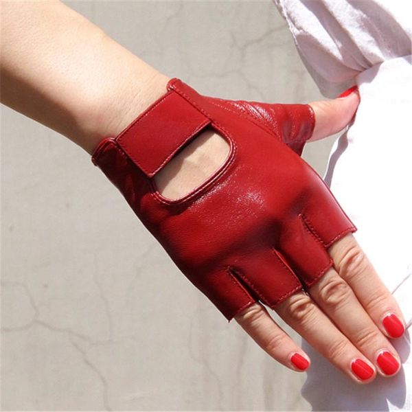 Luvas sem dedos Couro genuíno Pure Sheepskin White Red Semi-Fingers Motor Street Dance Rock Punk Half Finger Woman Tb74