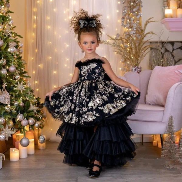 Vestidos da menina princesa preto em camadas tule flor vestido para casamento puro pescoço babados algodão com arco crianças festa de aniversário pageant vestidos