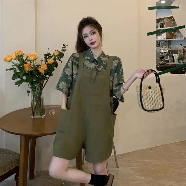 Shorts femininos verão cintura alta macacão verde vintage estilo techwear bolso grande macacão calças roupas adolescente criança