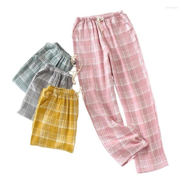 Pijamas femininos casual xadrez crepe algodão sleep bottoms feminino primavera casa calças pijamas pijamas
