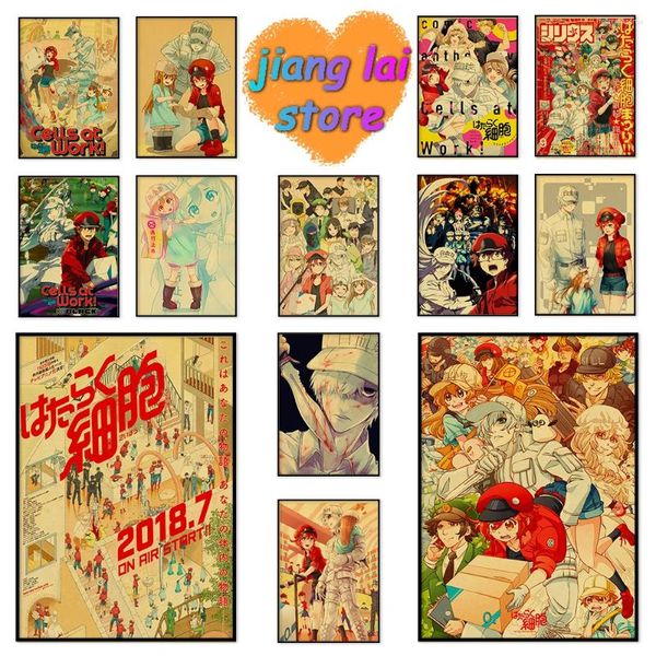 Adesivos de Parede Poster Retro Células de Anime no Trabalho! Imagens de animação artística sala de estar decoração de quarto papel kraft