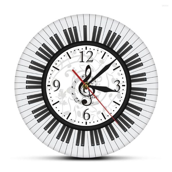 Relógios de parede Recursos de piano arredondados para teclado Treble clef arte impressa no relógio de acrílico notas musicais assistir music studio decor pianist presente