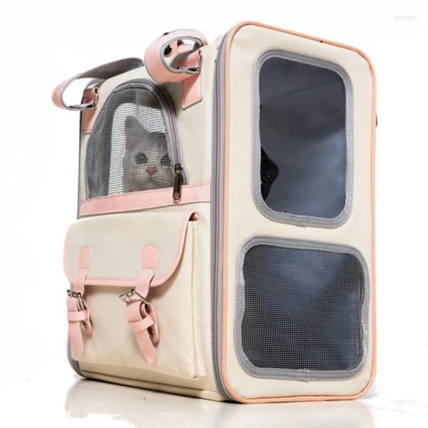 Bolsa de viagem para gatos, bolsa de viagem para animais de estimação, contraste de cor, grande capacidade, mochila portátil, respirável