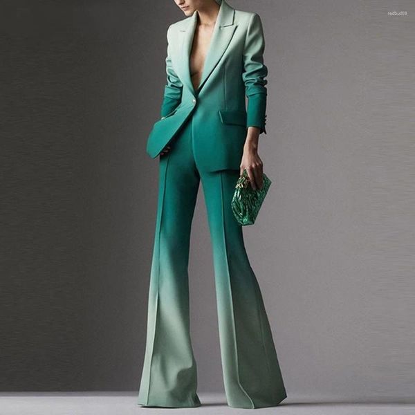 Женские брюки из двух предметов, роскошный дизайн, высокие женские уличные костюмы из 2 предметов, пиджаки, градиент зеленого цвета, привлекательные расклешенные комплекты