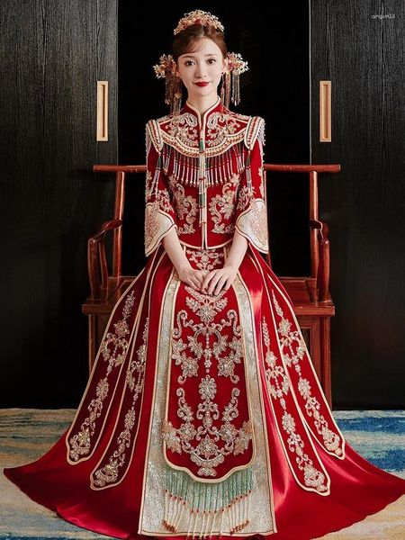 Abbigliamento etnico Stile cinese Abito da sposa in velluto retrò Donna Paillettes orientali Nappe Cheongsam Vintage Perline formale Qipao