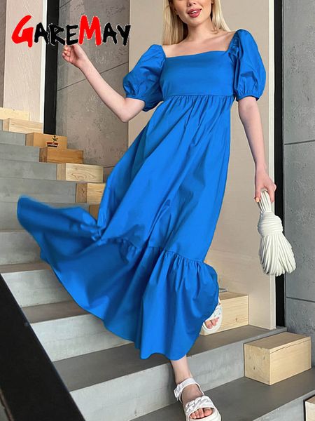 Abiti casual Maxi abito estivo da donna blu royal 100% cotone Abito midi femminile casual a trapezio Abiti eleganti vintage lunghi per donna 230404