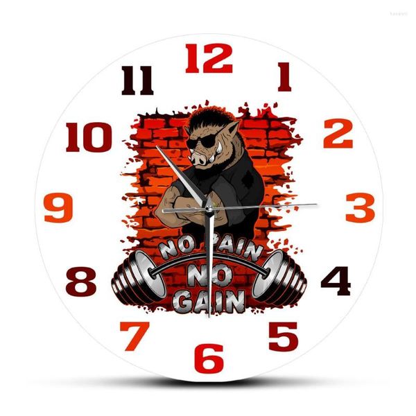 Wanduhren Gewichtheben Barbell No Pain Gain Strong Wildschwein auf einer Backsteinuhr Fitness-Thema Gym Decor Acryl Art Hanging Watch