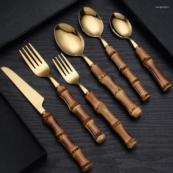 Conjuntos de louça 6 pcs bambu ocidental bife faca garfo sopa colher japonês 304 aço inoxidável high-end sobremesa utensílios de mesa