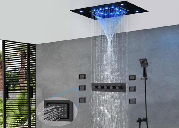 Set doccia moderno nero Soffione doccia a cascata a pioggia nascosta Kit bagno LED Miscelatore termostatico a 4 vie Getti corpo Massaggio3583359