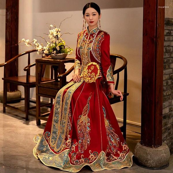 Этническая одежда, традиционное вечернее платье с вышивкой павлина, женское свадебное платье в китайском стиле с блестками и бисером, тост невесты
