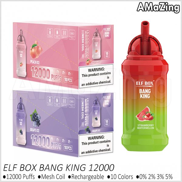Bang King Puff 12000 12K Puffs E Sigarette Kit Elf Box Usa e getta Vape Pen Mesh Coil Ricaricabile 600mAh Batteria Vapers 0% 2% 3% 5% 10 colori Vaporizzatori Capacità 23ml